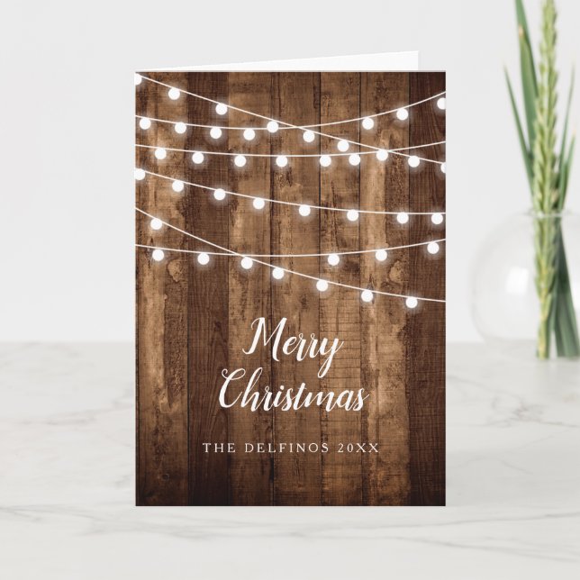 Rustic Wood Fairy Light Family Name Holiday Photo Card (Front)