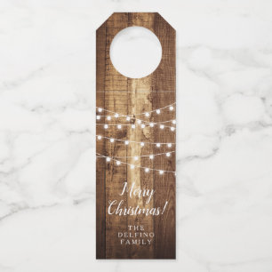 Rustic Wood Fairy Lights Custom Holiday Party Gift Bottle Tag