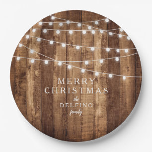 Rustic Wood & Fairy Lights Family Party Custom Paper Plate