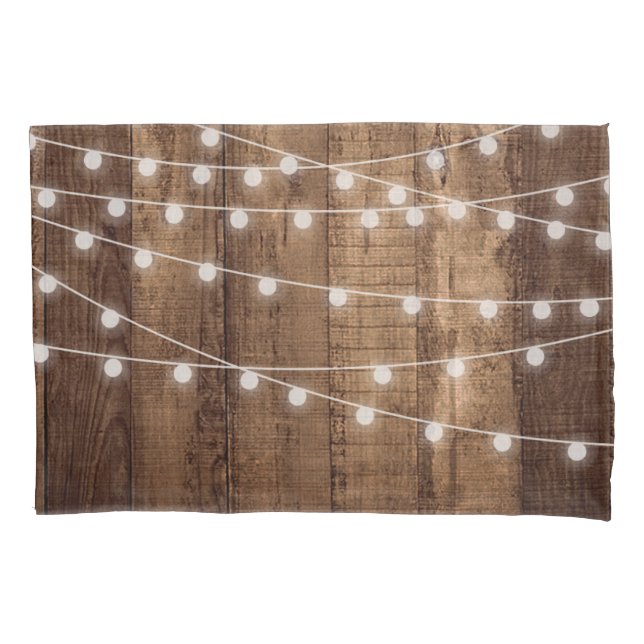 Rustic Wood & Fairy Lights Farmhouse Pillow Case (Front)