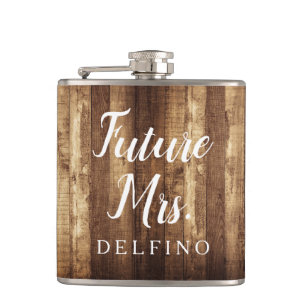 Rustic Wood & Fairy Lights Future Mrs Monogrammed Hip Flask