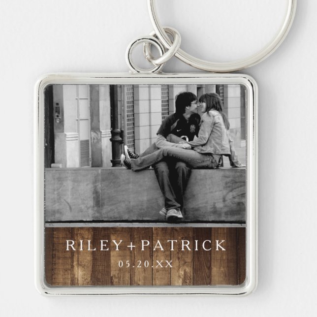 Rustic Wood & Fairy Lights Personalised Photo Key Ring (Front)
