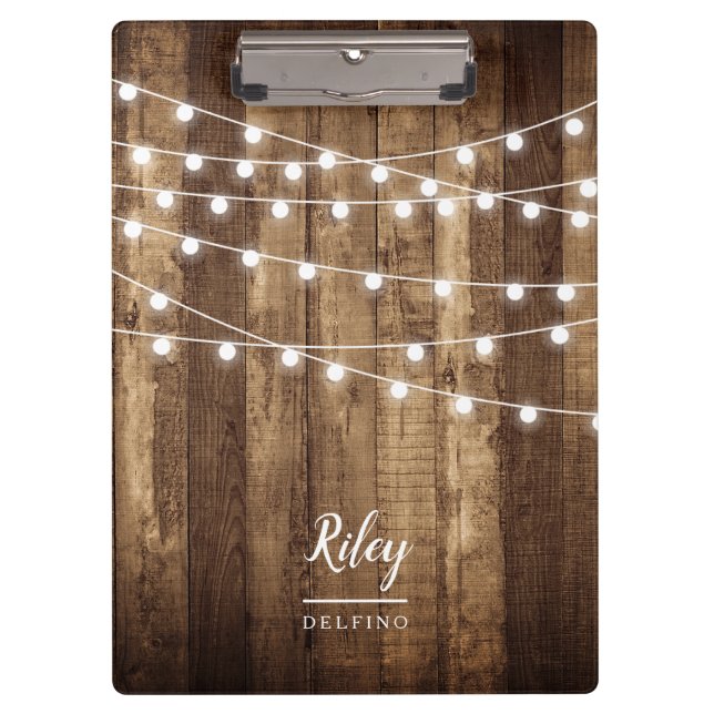 Rustic Wood Fairy Lights Personalised Pretty Clipboard (Front)