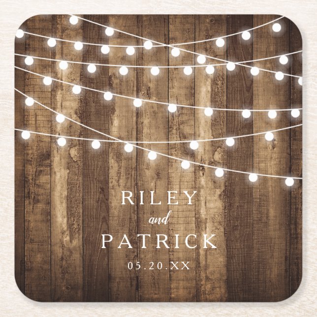 Rustic Wood & Fairy Lights Personalised Wedding Square Paper Coaster (Front)