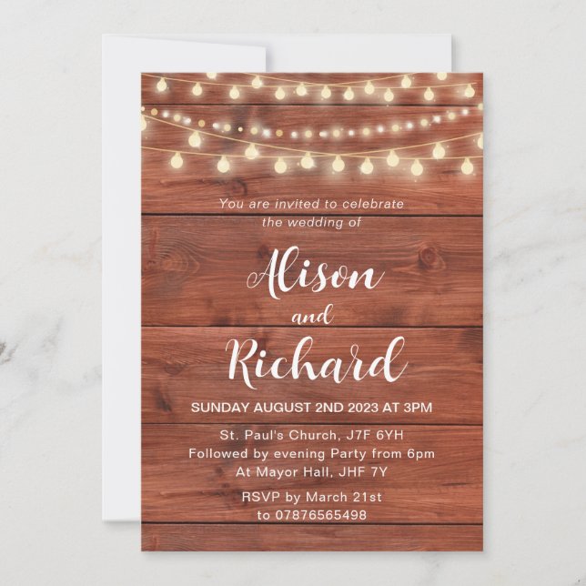 Rustic wood fairy lights wedding invitation (Front)