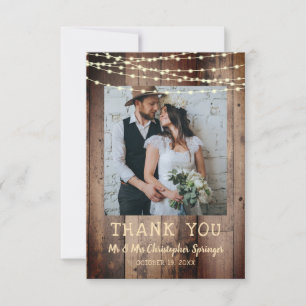 Rustic Wood Fairy String Lights Photo Wedding Thank You Card