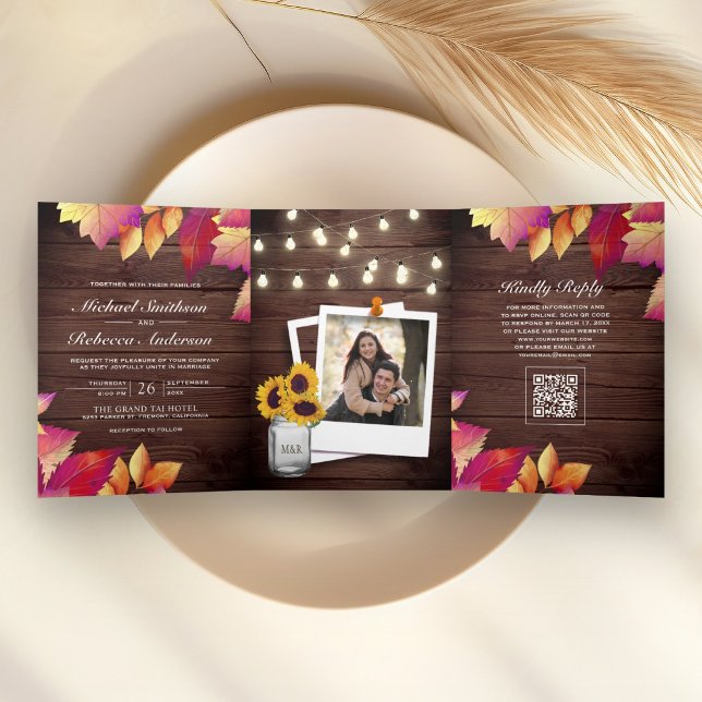 Rustic Wood Fall Autumn Leaves QR Code Wedding Tri-Fold Invitation (Creator Uploaded)