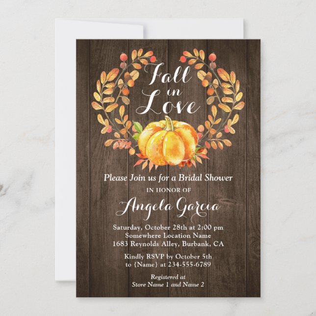 Rustic Wood Fall in Love Pumpkin Bridal Shower Invitation (Front)