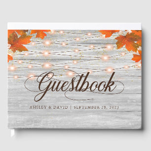 Rustic Wood Fall In Love String Lights Wedding Guest Book
