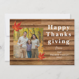 Rustic Wood & Fall Leaves Happy Thanksgiving Photo Holiday Card