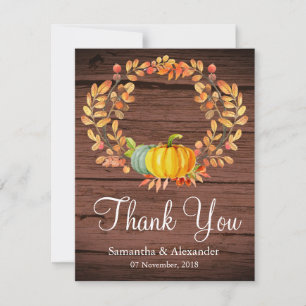 Rustic Wood Fall Leaves Pumpkin Thank You Card