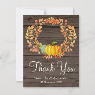 Rustic Wood Fall Leaves Pumpkin Thank You Card