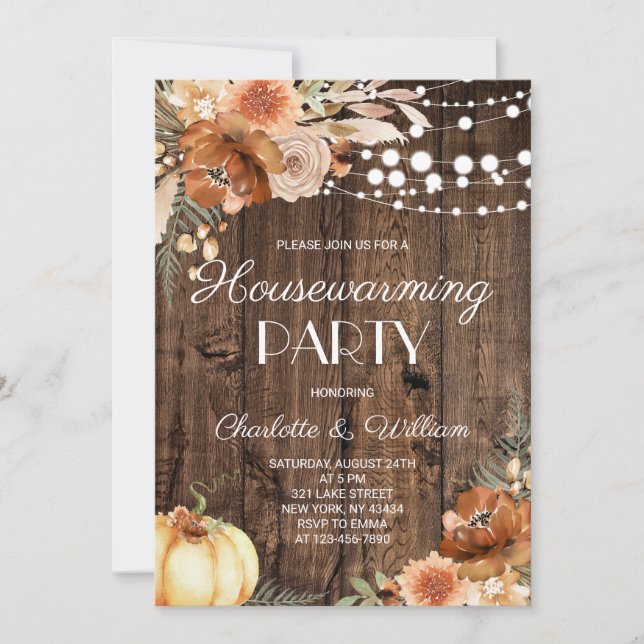 Rustic Wood Fall Pumpkin Floral Housewarming Party Invitation (Front)