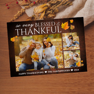 Rustic Wood Fall thanksgiving family 3 photo Holiday Card