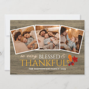 Rustic Wood Fall thanksgiving family Three photo Holiday Card
