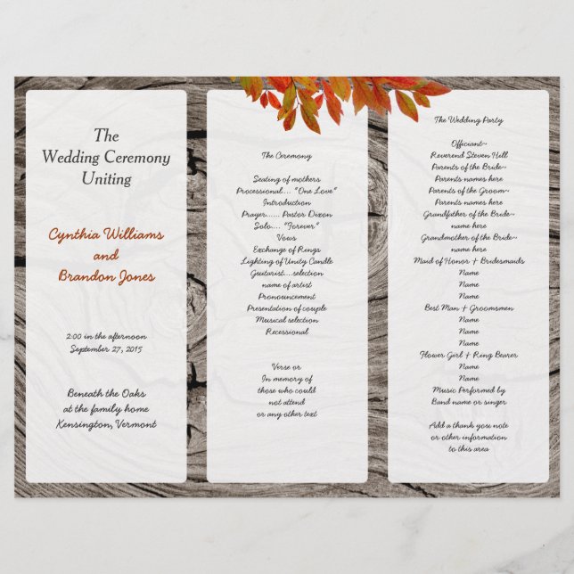 Rustic Wood Fall Wedding Tri-Fold Program (Front)