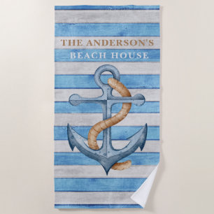 Rustic Wood Family Beach House Nautical Stripes Beach Towel