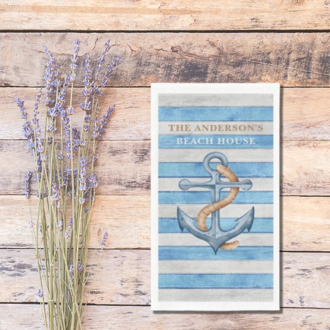 Rustic Wood Family Beach House Nautical Stripes  Napkin (Creator Uploaded)