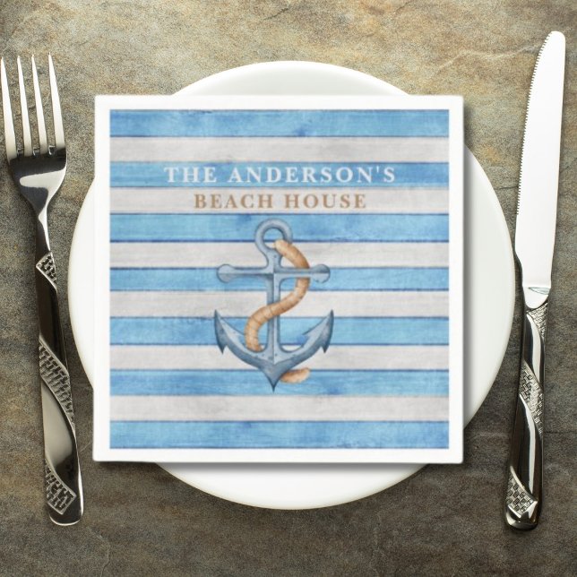 Rustic Wood Family Beach House Nautical Stripes  Napkin (Creator Uploaded)