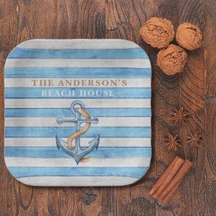 Rustic Wood Family Beach House Nautical Stripes  Paper Plate