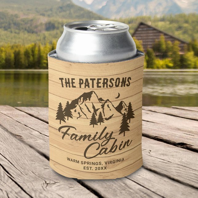 Rustic Wood Family Cabin Name Year Can Cooler (Creator Uploaded)