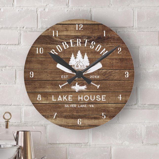Rustic Wood Family Lake House Fisherman Trees  Round Clock (Creator Uploaded)
