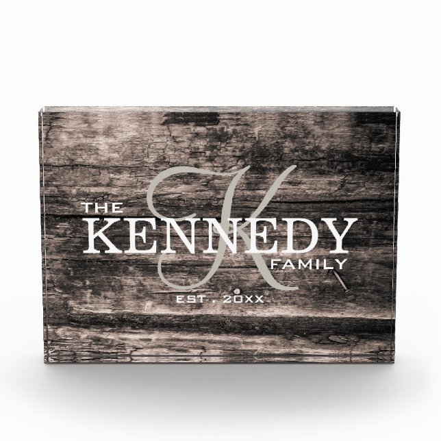  Rustic Wood Family Monogram Last Name Typography Photo Block (Front)