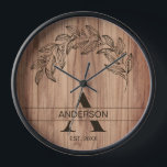 Rustic Wood Family Name Clock<br><div class="desc">Family Name Rustic Farmhouse Wood Monogrammed design with floral elements, faux gold glitter, and elegant typography.</div>