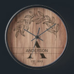 Rustic Wood Family Name Clock<br><div class="desc">Family Name Rustic Farmhouse Wood Monogrammed design with floral elements,  faux gold glitter,  and elegant typography.</div>