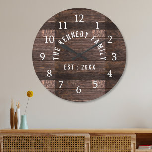 Rustic Wood Family Name Farmhouse Large Clock