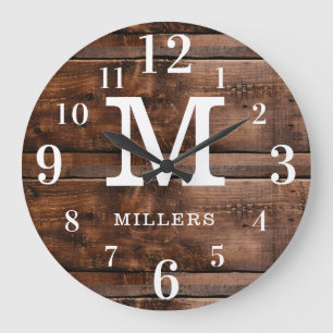 Rustic Wood Family Name Large Numbers Monogram Large Clock