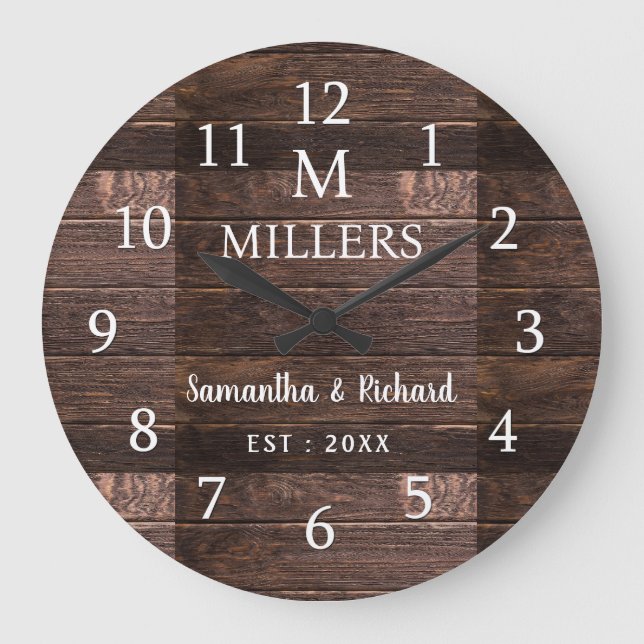 Rustic Wood Family Name Monogram Farmhouse Large Clock (Front)