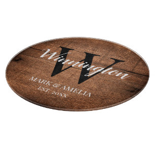 Rustic Wood Family Name Monogram Wedding Date Cutting Board