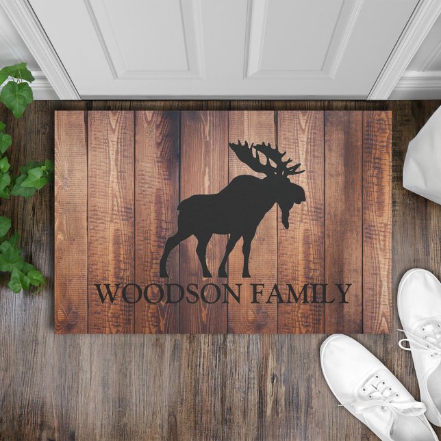 Rustic Wood Family Name Moose Silhouette Doormat (Creator Uploaded)