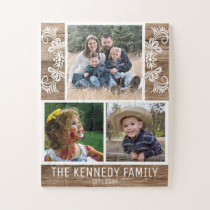 Rustic Wood Family Name Photo Collage Jigsaw Puzzle