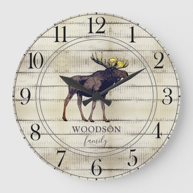 Rustic Wood Family Name Walking Moose Large Clock (Front)