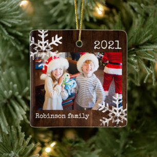 Rustic Wood Family Photo Christmas  Ceramic Ornament