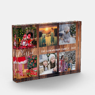 Rustic wood family photo collage blessed script