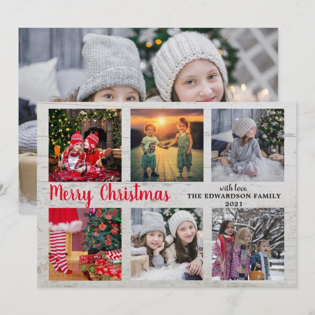 Rustic wood family photo collage Merry Christmas Holiday Card (Front/Back)