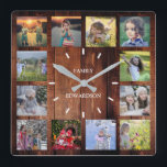 Rustic wood Family photo collage monogram name Square Wall Clock<br><div class="desc">Custom Family photo collage on rustic wood background clock.
Add your own personal photos and name to personalise the clock and you will create a very personal and unique clock.</div>