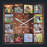 Rustic wood Family photo collage monogram name Square Wall Clock<br><div class="desc">Custom Family photo collage on rustic wood background clock.
Add your own personal photos and name to personalise the clock and you will create a very personal and unique clock.</div>