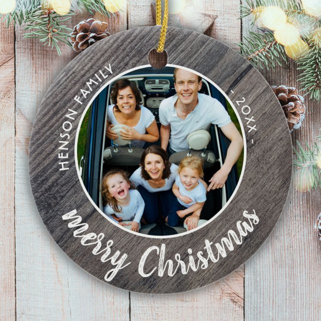 Rustic Wood Family Photo Merry Christmas Ceramic Tree Decoration (Creator Uploaded)