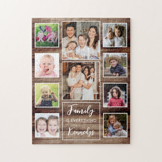 Rustic Wood Family Quote Name 10 Photo Collage Jigsaw Puzzle (Vertical)