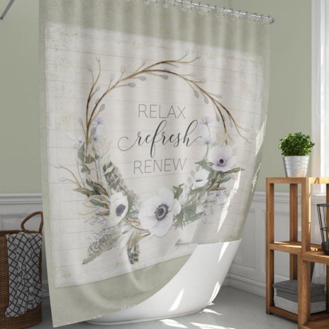Rustic Wood Farm House Floral Wreath Sage Script Shower Curtain (Creator Uploaded)