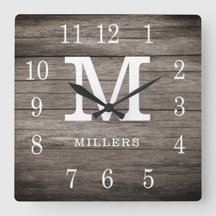 Rustic Wood Farmhouse Family Name Custom Monogram Square Wall Clock