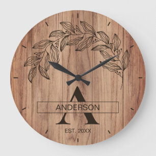Rustic Wood Farmhouse Family Name Monogrammed Large Clock