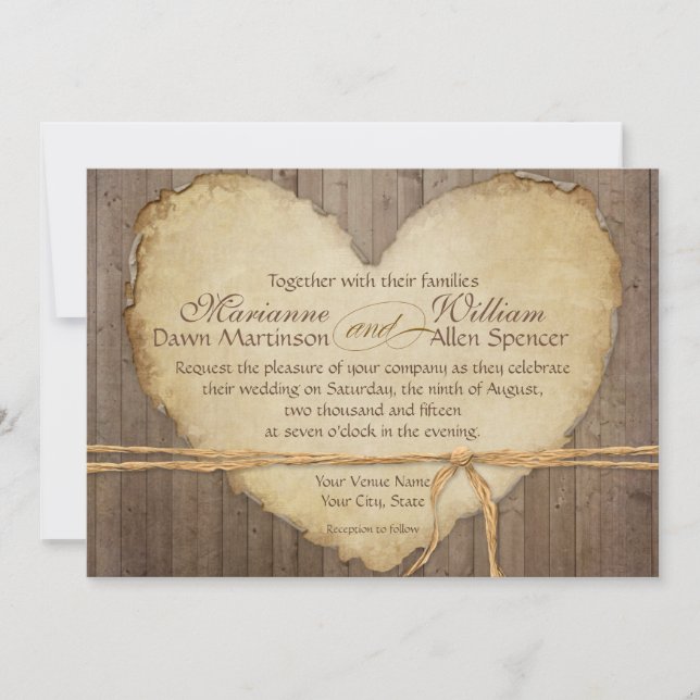 Rustic Wood Fence Boards Heart Antiqued Parchment Invitation (Front)