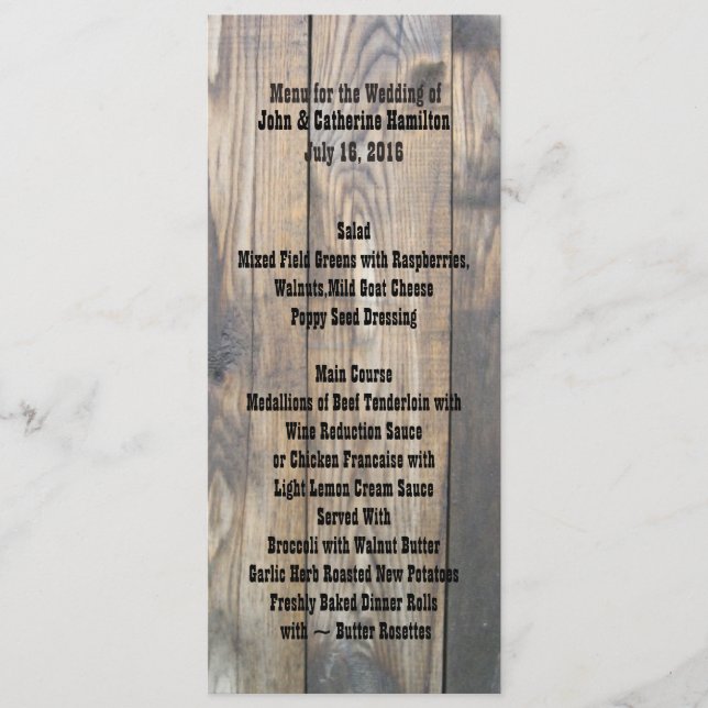 Rustic Wood Fence Skinny Wedding Table Menu (Front)