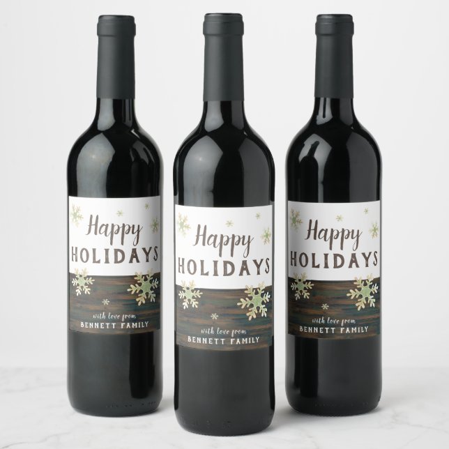 Rustic Wood Festive Snowflakes Christmas Holidays Wine Label (Bottles)