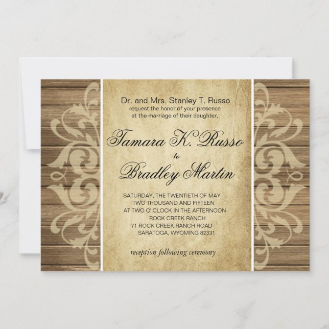 Rustic Wood Filigree Wedding | brown tan Invitation (Front)